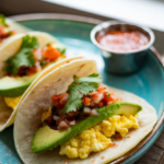 Breakfast taco ingredients flat lay with eggs, tortillas, and avocado