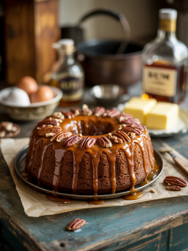Homemade Rum Cake with glossy rum glaze