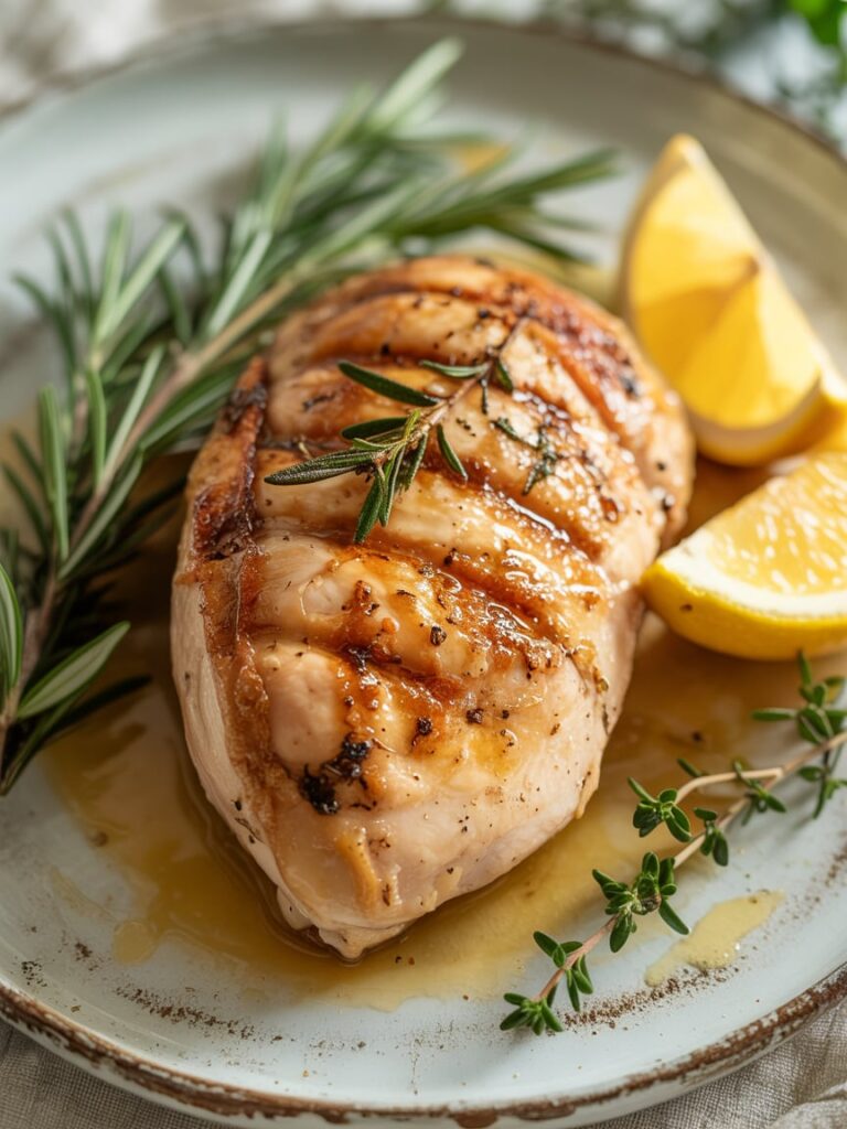 Air Fryer Chicken Breast on plate with herbs