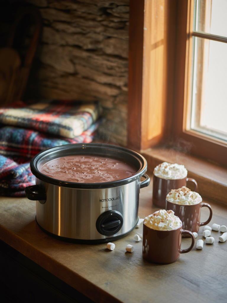 Crock Pot Hot Chocolate served warm with whipped cream and marshmallows