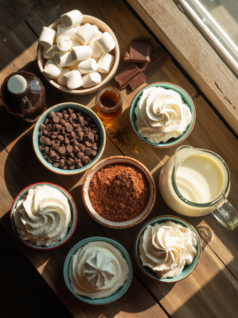 Ingredients for Crock Pot Hot Chocolate laid out on a wooden table