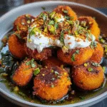 Sweet Potato Croquettes with Burrata Dip & Pistachio Crunch 3 Sweet Potato Croquettes with Burrata Dip & Pistachio Crunch