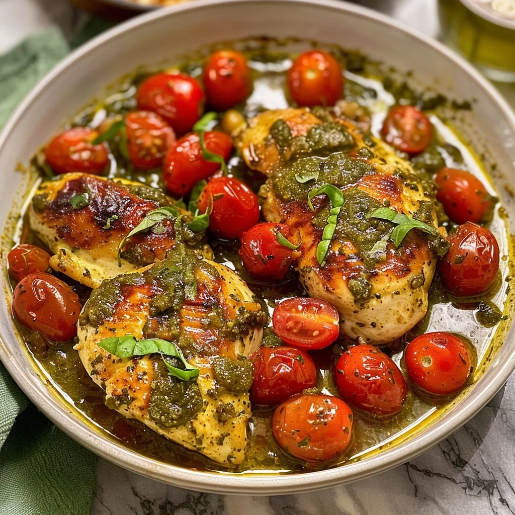20 Easy Sheet Pan and Skillet Chicken Dinners for Busy Weeknights 6 Pesto Chicken with Cherry Tomatoes Recipe
