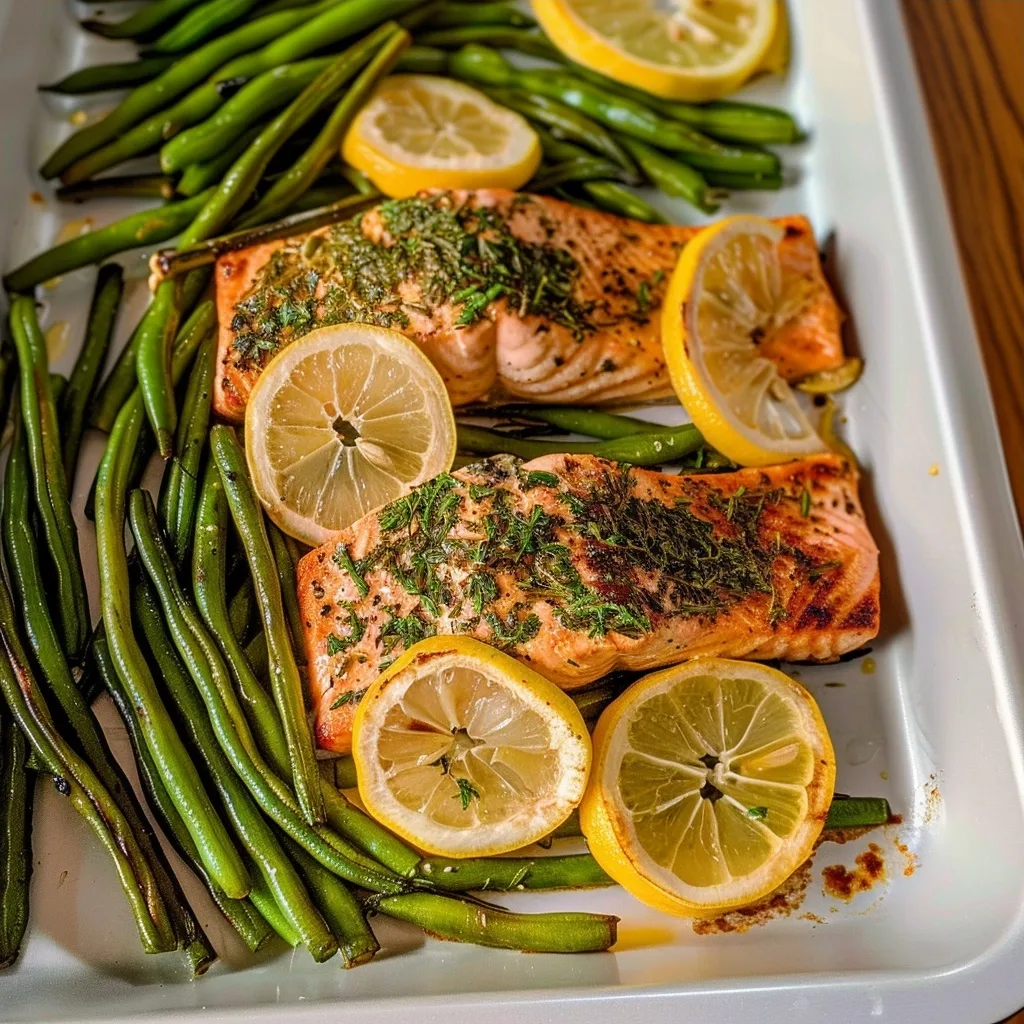 Home 60 Lemon herb salmon & green beans sheet pan dinner